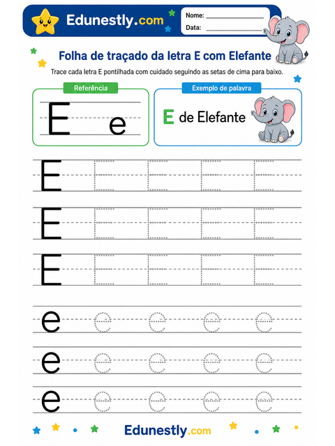 Folha de traçado da letra E com Elefante