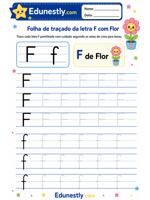 Folha de traçado da letra F com Flor