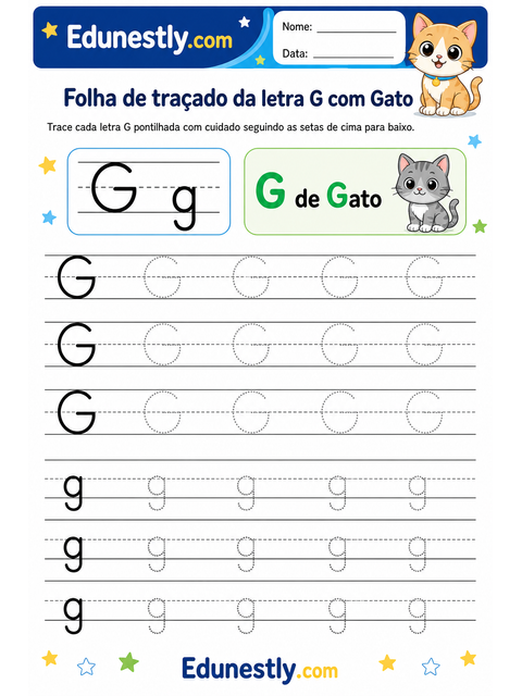 Folha de traçado da letra G com Gato