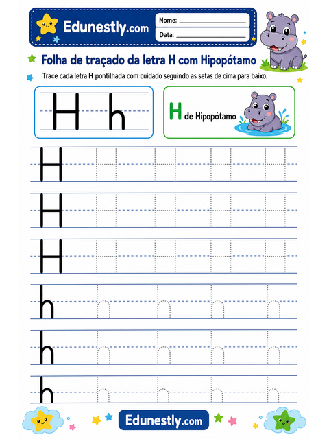 Folha de traçado da letra H com Hipopótamo