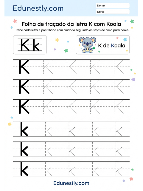 Folha de traçado da letra K com Koala