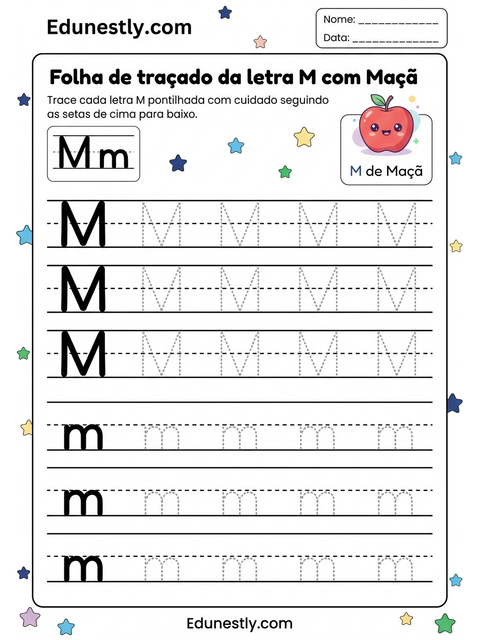 Folha de traçado da letra M com Maçã