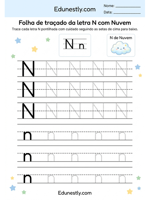 Folha de traçado da letra N com Nuvem