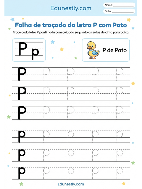 Folha de traçado da letra P com Pato