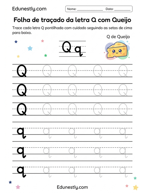 Folha de traçado da letra Q com Queijo