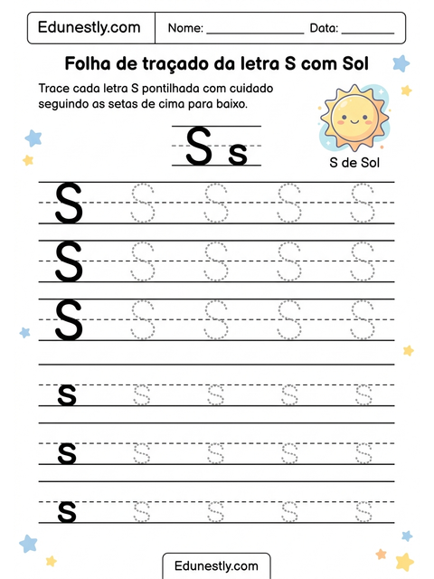 Folha de traçado da letra S com Sol
