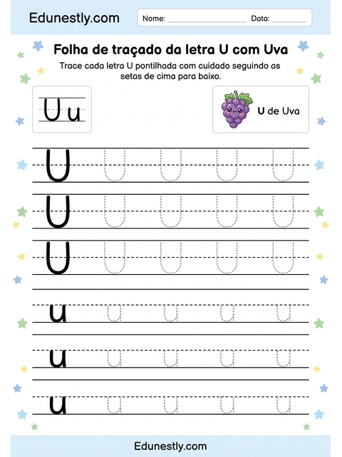 Folha de traçado da letra U com Uva