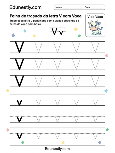 Folha de traçado da letra V com Vaca