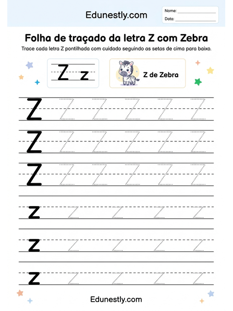 Folha de traçado da letra Z com Zebra