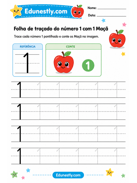 Folha de traçado do número 1 com 1 Maçã