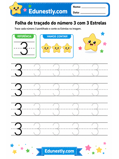 Folha de traçado do número 3 com 3 Estrelas