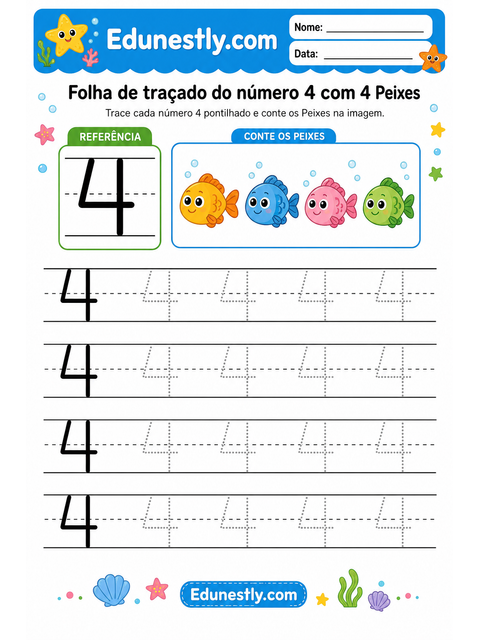 Folha de traçado do número 4 com 4 Peixes