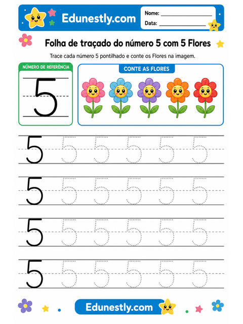 Folha de traçado do número 5 com 5 Flores