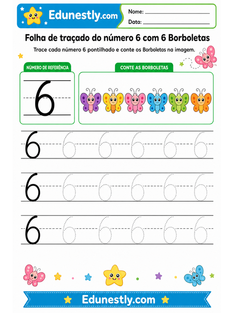 Folha de traçado do número 6 com 6 Borboletas