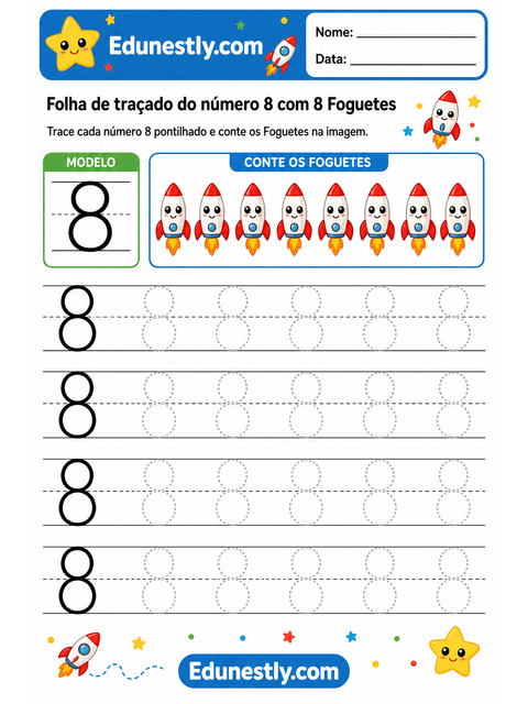 Folha de traçado do número 8 com 8 Foguetes