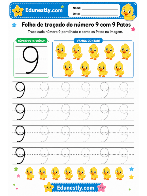 Folha de traçado do número 9 com 9 Patos