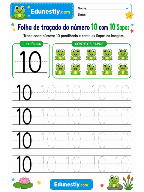 Folha de traçado do número 10 com 10 Sapos