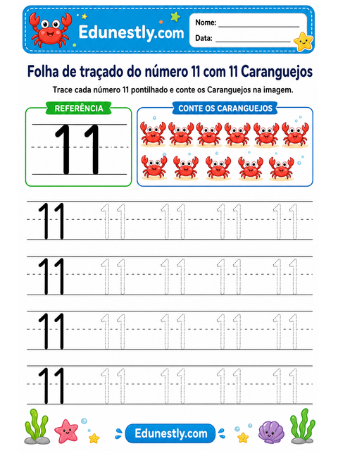 Folha de traçado do número 11 com 11 Caranguejos