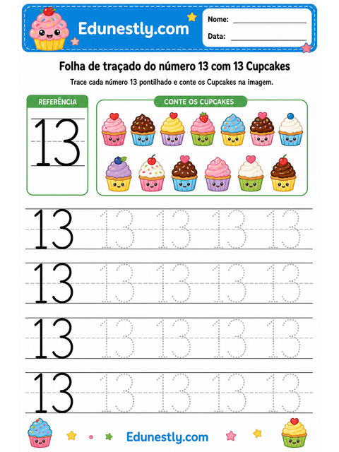 Folha de traçado do número 13 com 13 Cupcakes