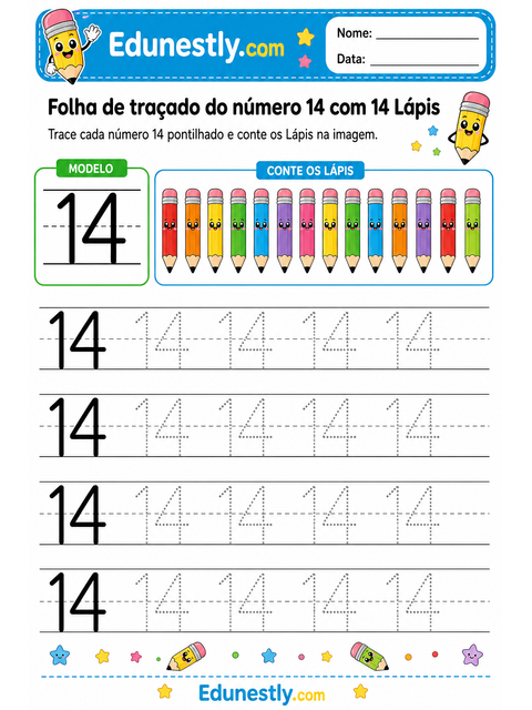 Folha de traçado do número 14 com 14 Lápis
