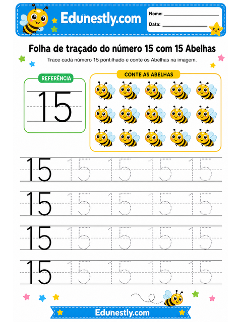 Folha de traçado do número 15 com 15 Abelhas