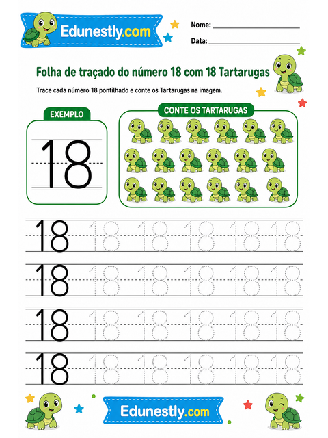 Folha de traçado do número 18 com 18 Tartarugas