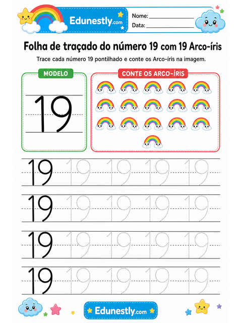 Folha de traçado do número 19 com 19 Arco-íris