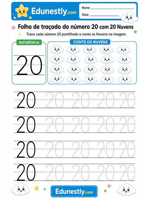 Folha de traçado do número 20 com 20 Nuvens