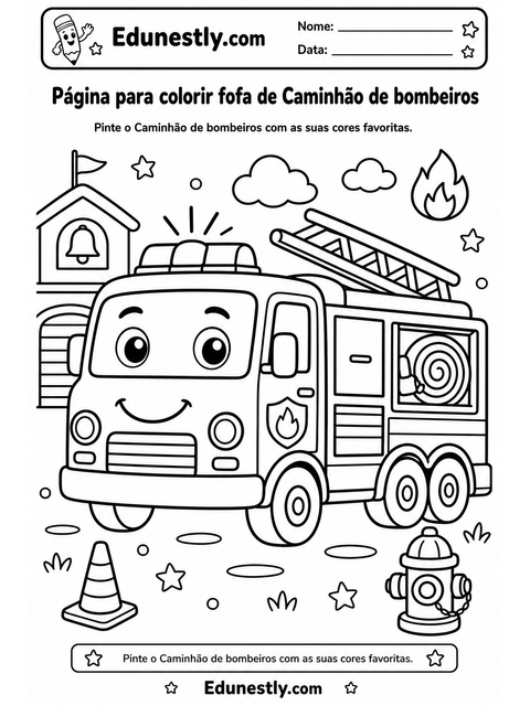 Página para colorir fofa de Caminhão de bombeiros