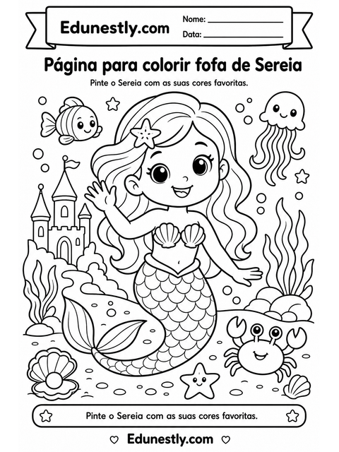 Página para colorir fofa de Sereia