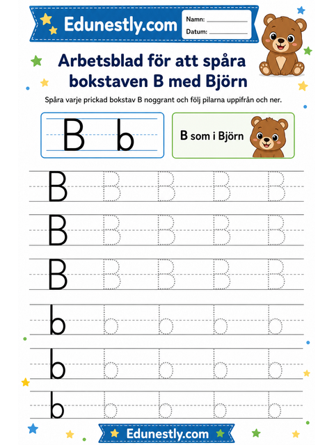 Arbetsblad för att spåra bokstaven B med Björn