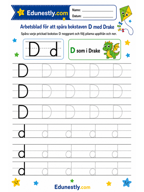 Arbetsblad för att spåra bokstaven D med Drake