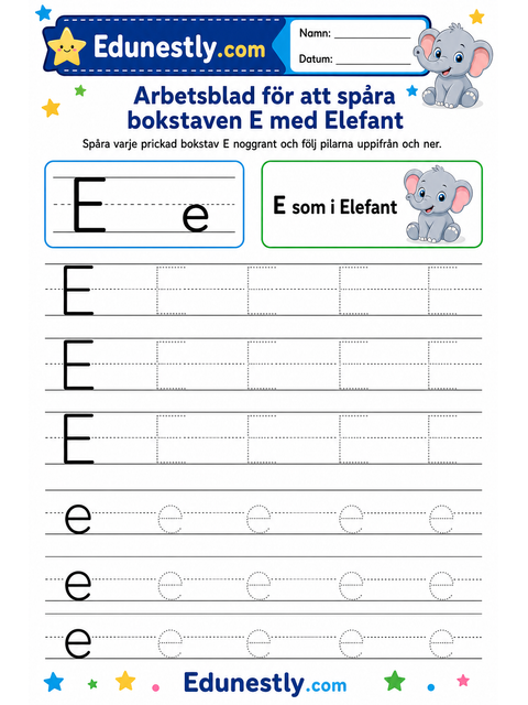 Arbetsblad för att spåra bokstaven E med Elefant