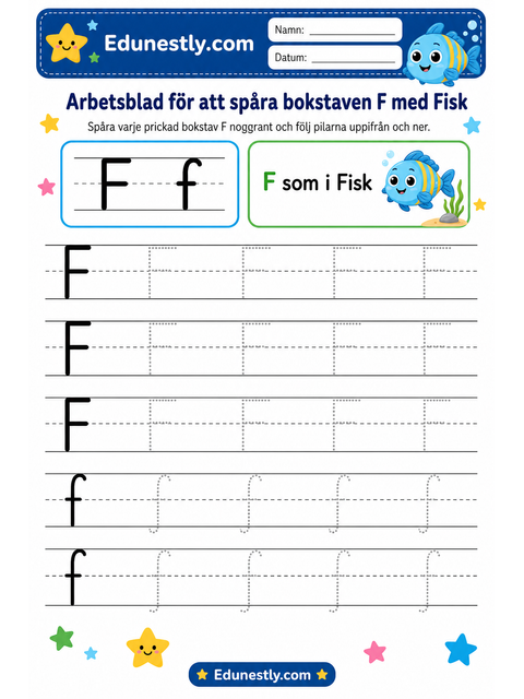 Arbetsblad för att spåra bokstaven F med Fisk