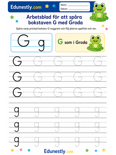 Arbetsblad för att spåra bokstaven G med Groda
