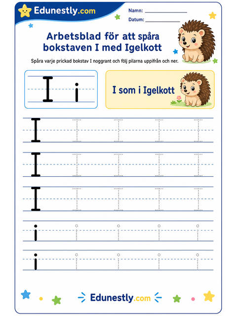 Arbetsblad för att spåra bokstaven I med Igelkott