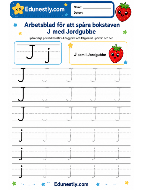 Arbetsblad för att spåra bokstaven J med Jordgubbe