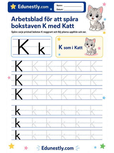 Arbetsblad för att spåra bokstaven K med Katt