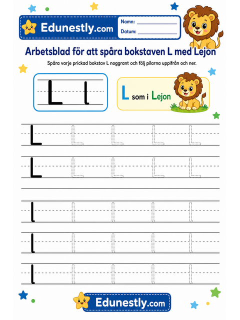 Arbetsblad för att spåra bokstaven L med Lejon