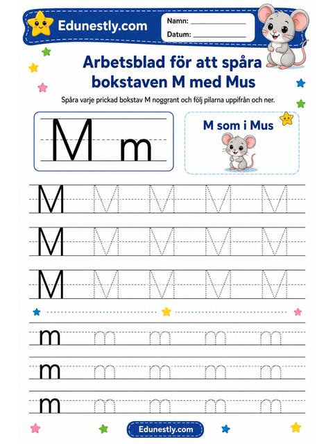 Arbetsblad för att spåra bokstaven M med Mus