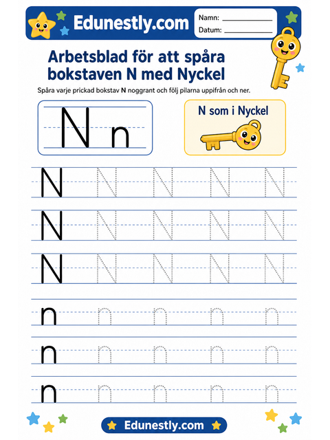Arbetsblad för att spåra bokstaven N med Nyckel