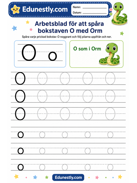 Arbetsblad för att spåra bokstaven O med Orm