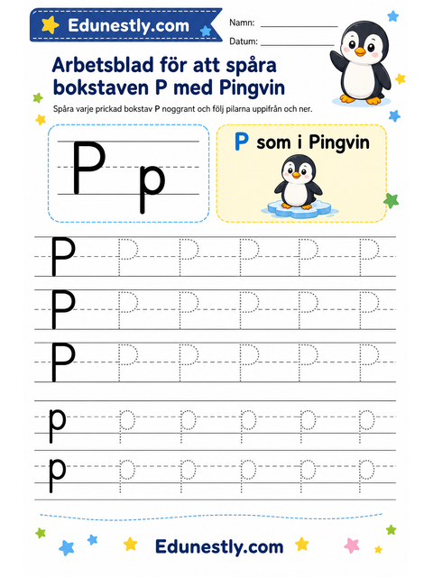 Arbetsblad för att spåra bokstaven P med Pingvin