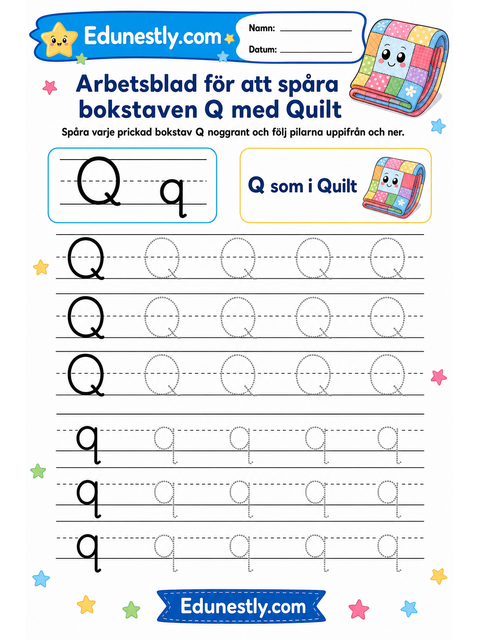 Arbetsblad för att spåra bokstaven Q med Quilt