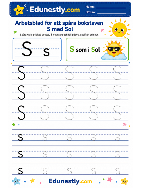 Arbetsblad för att spåra bokstaven S med Sol