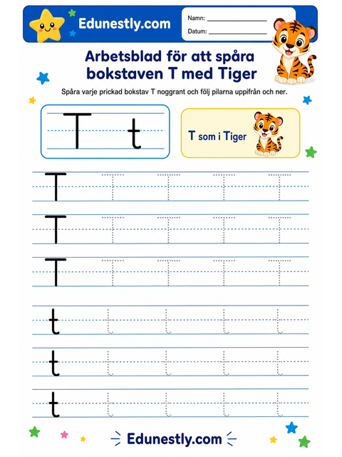 Arbetsblad för att spåra bokstaven T med Tiger