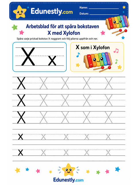Arbetsblad för att spåra bokstaven X med Xylofon