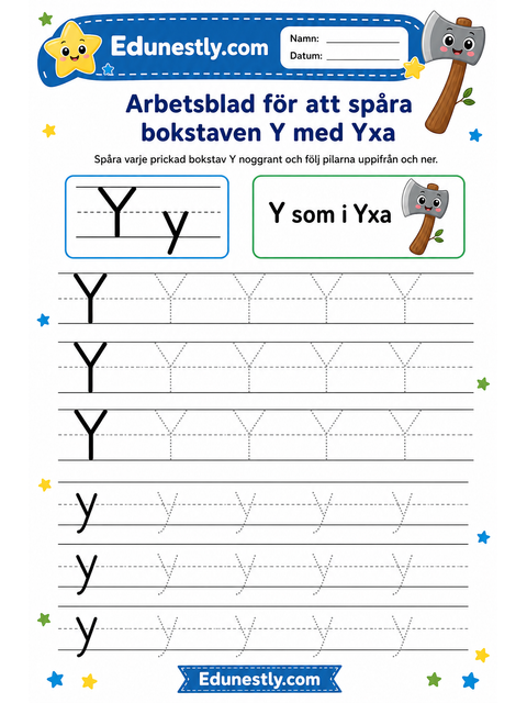Arbetsblad för att spåra bokstaven Y med Yxa
