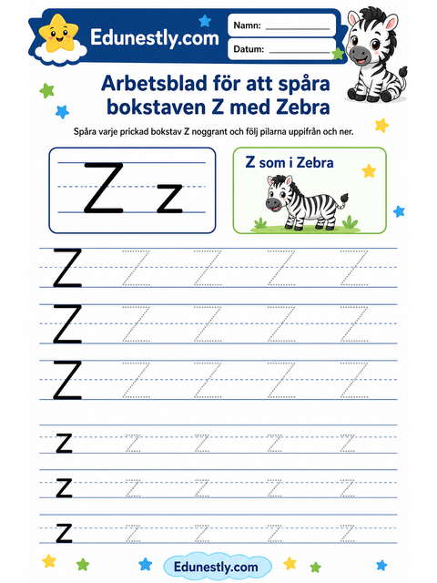 Arbetsblad för att spåra bokstaven Z med Zebra
