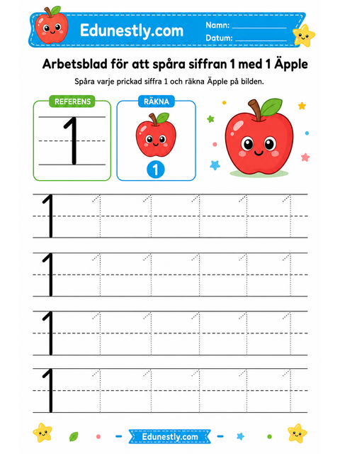 Arbetsblad för att spåra siffran 1 med 1 Äpple